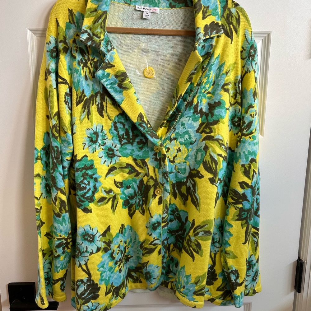 Isaac Mizrahi 3X Yellow and Blue Fine Gauge Sweater with Notched Collar